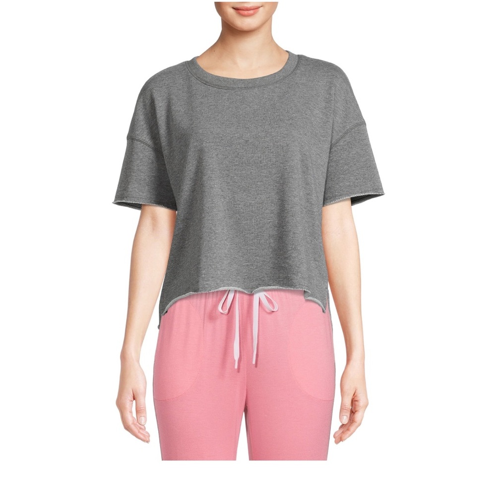 Gray Cropped Raw Edge Short Sleeve Sweatshirt
